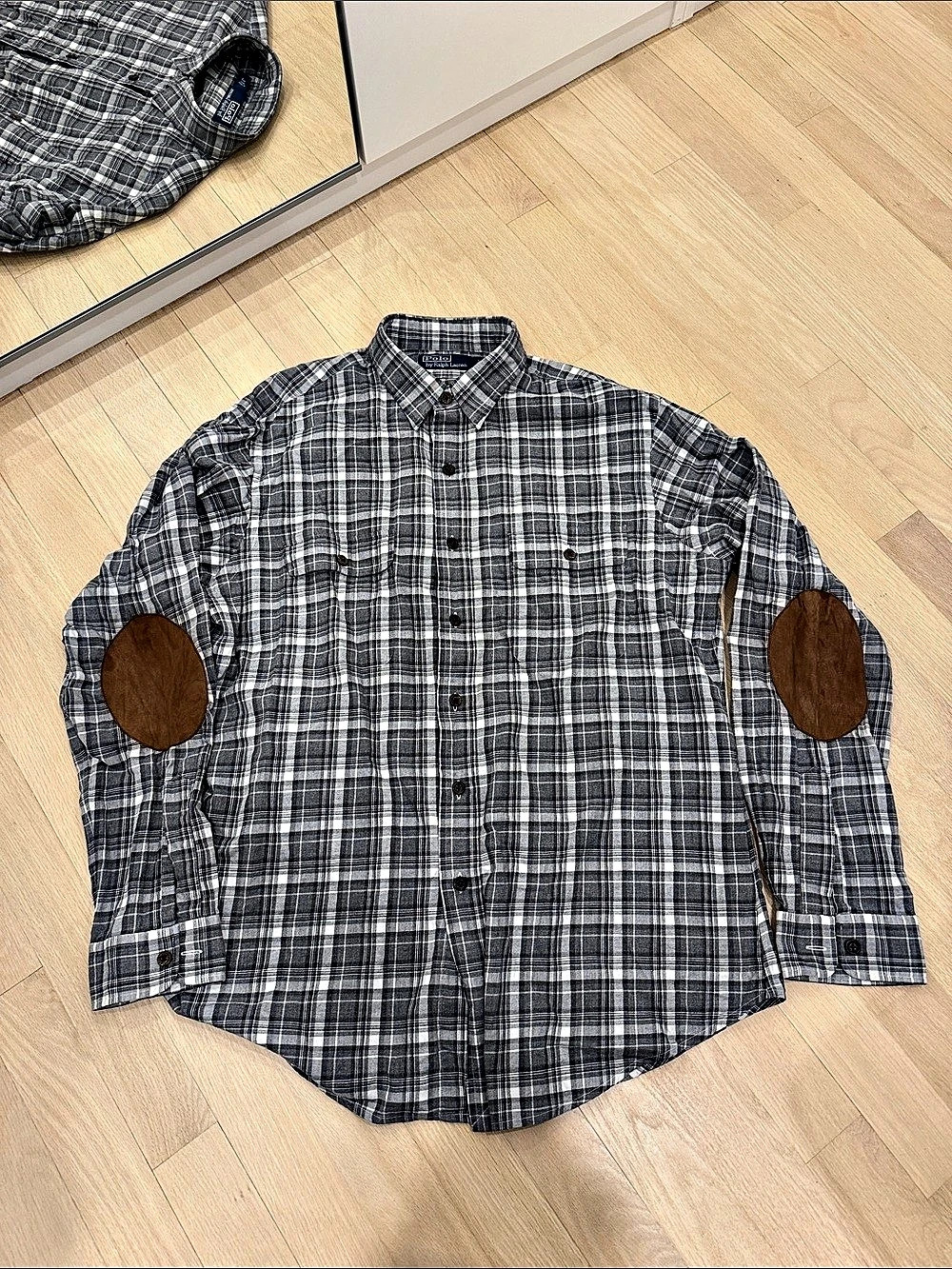 Polo by Ralph Lauren Plaid Flannel Suede Elbow Patch Workshirt Gray & White
